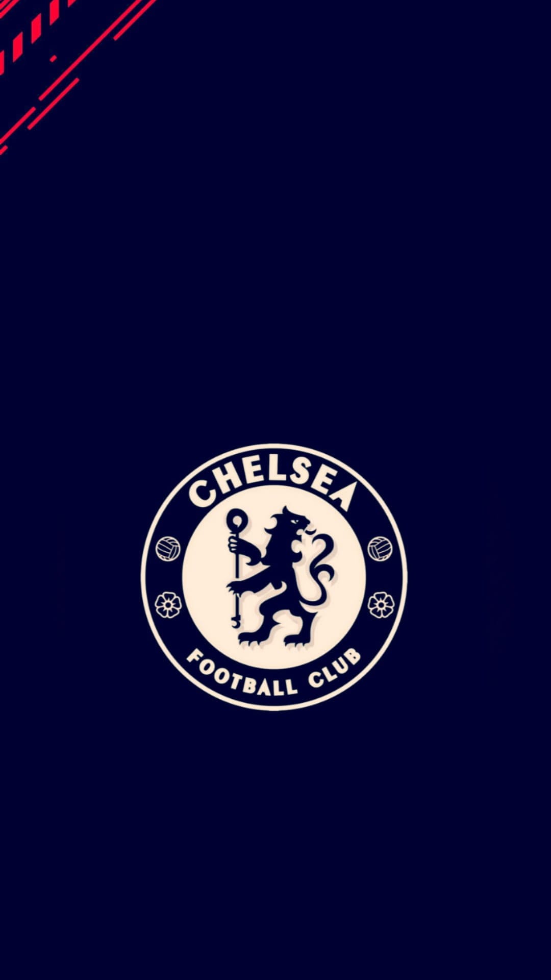 Chelsea FC lion crest emblem centered on a navy blue background with sharp red diagonal geometric stripes.