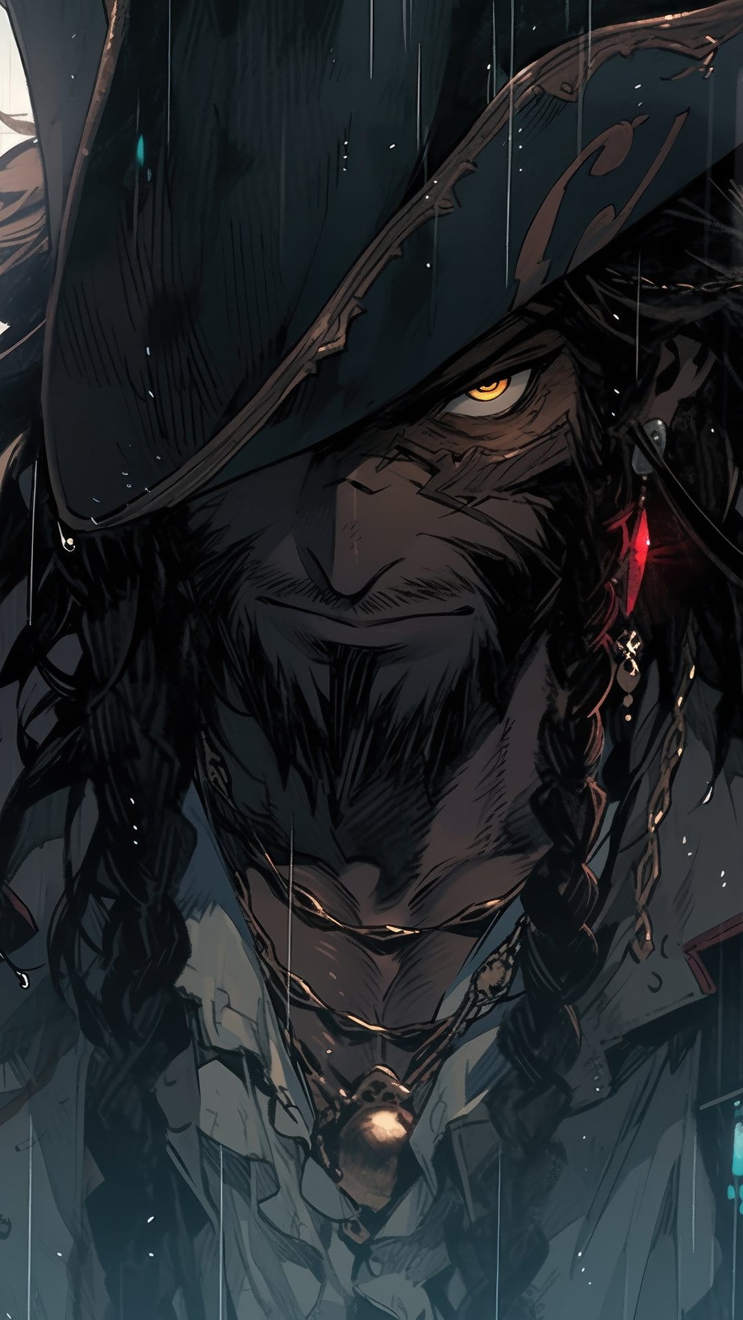 Pirate captain with glowing yellow eyes wears a tricorn hat and jewelry during a heavy rainstorm at night.