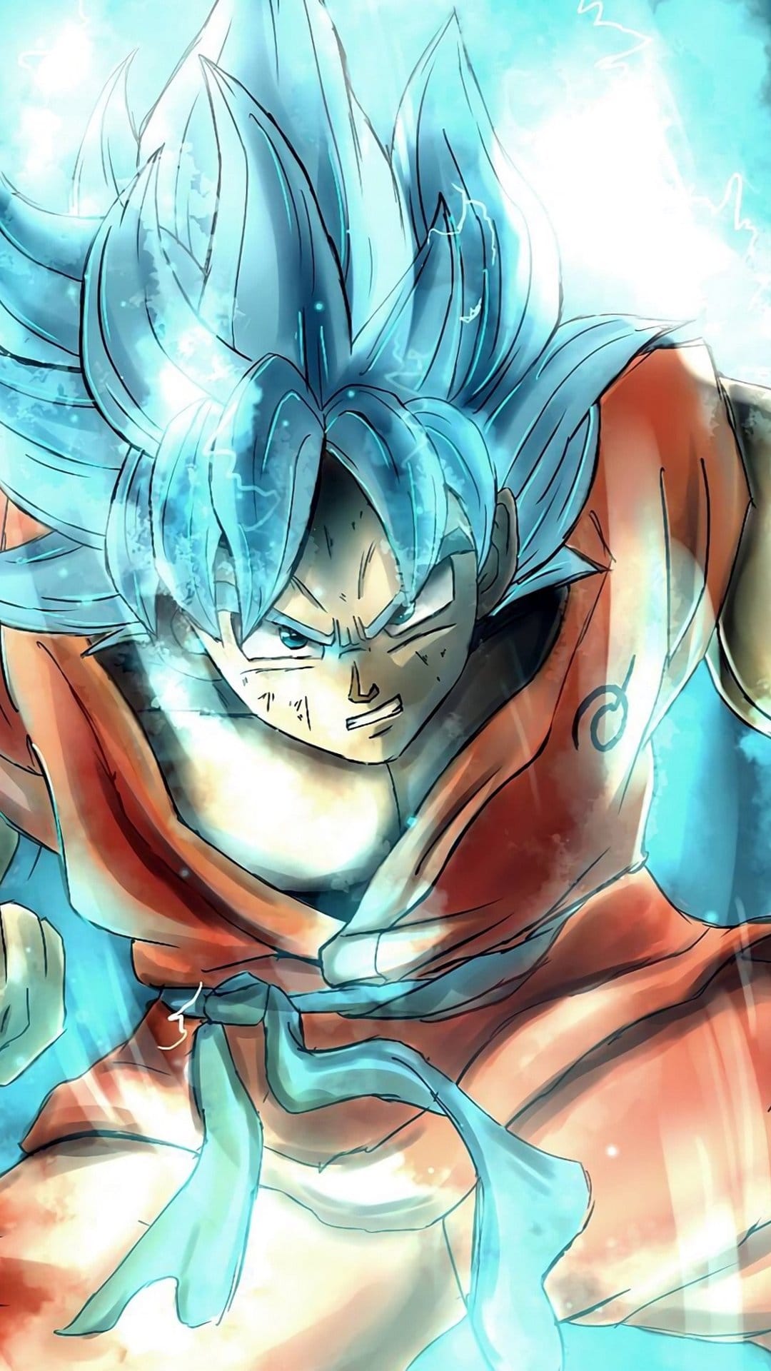 Goku powers up with a flaming blue aura, showcasing spiky cyan hair and a fierce expression against a dark space.