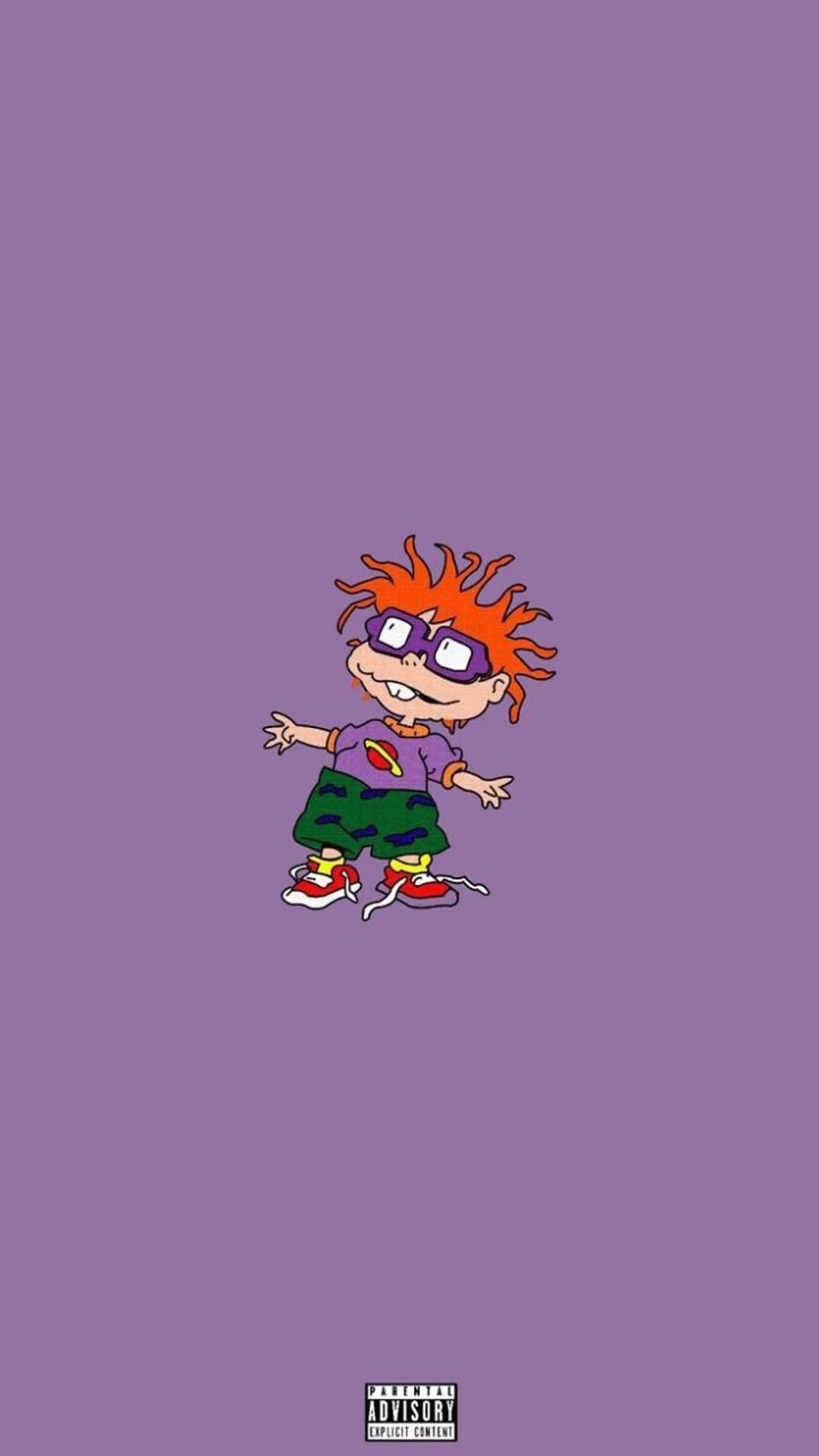 Chuckie Finster in a purple shirt and glasses stands with open arms over a parental advisory label on purple.