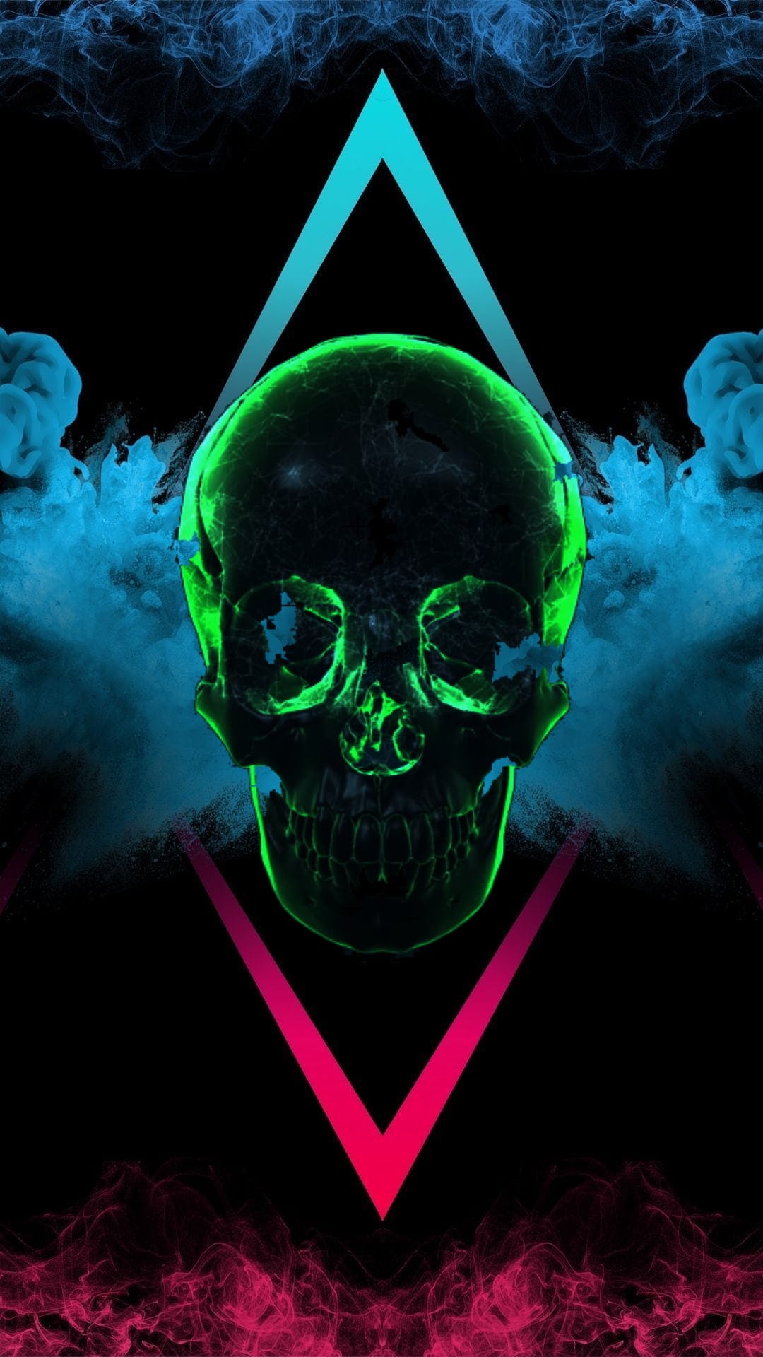 Glowing green skull framed by teal and pink triangles amidst swirling blue mist against a dark background.