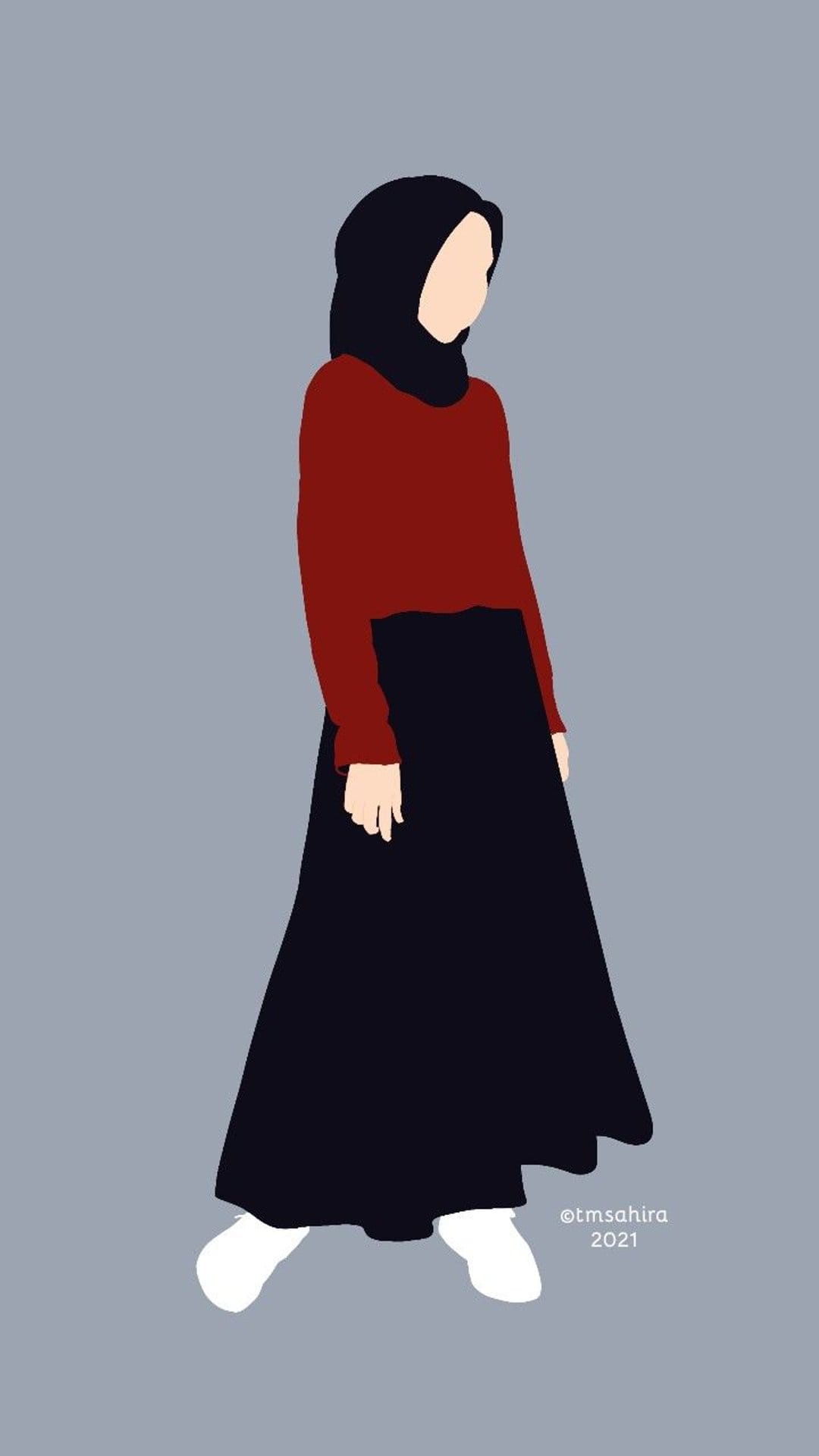 Muslim woman in a black hijab and red top stands in profile wearing a long blue skirt against a grey backdrop.