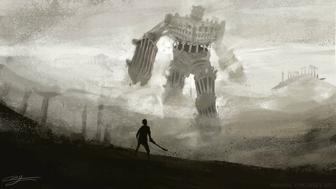 Lone warrior faces a massive stone golem made of Greek temples in a misty ruined landscape.