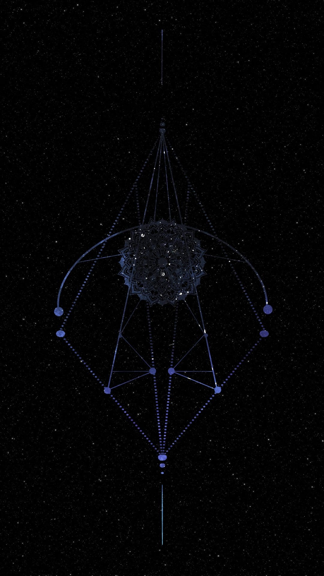Dark blue geometric mandala with purple orbs centered against a black sky filled with tiny sparkling white stars.