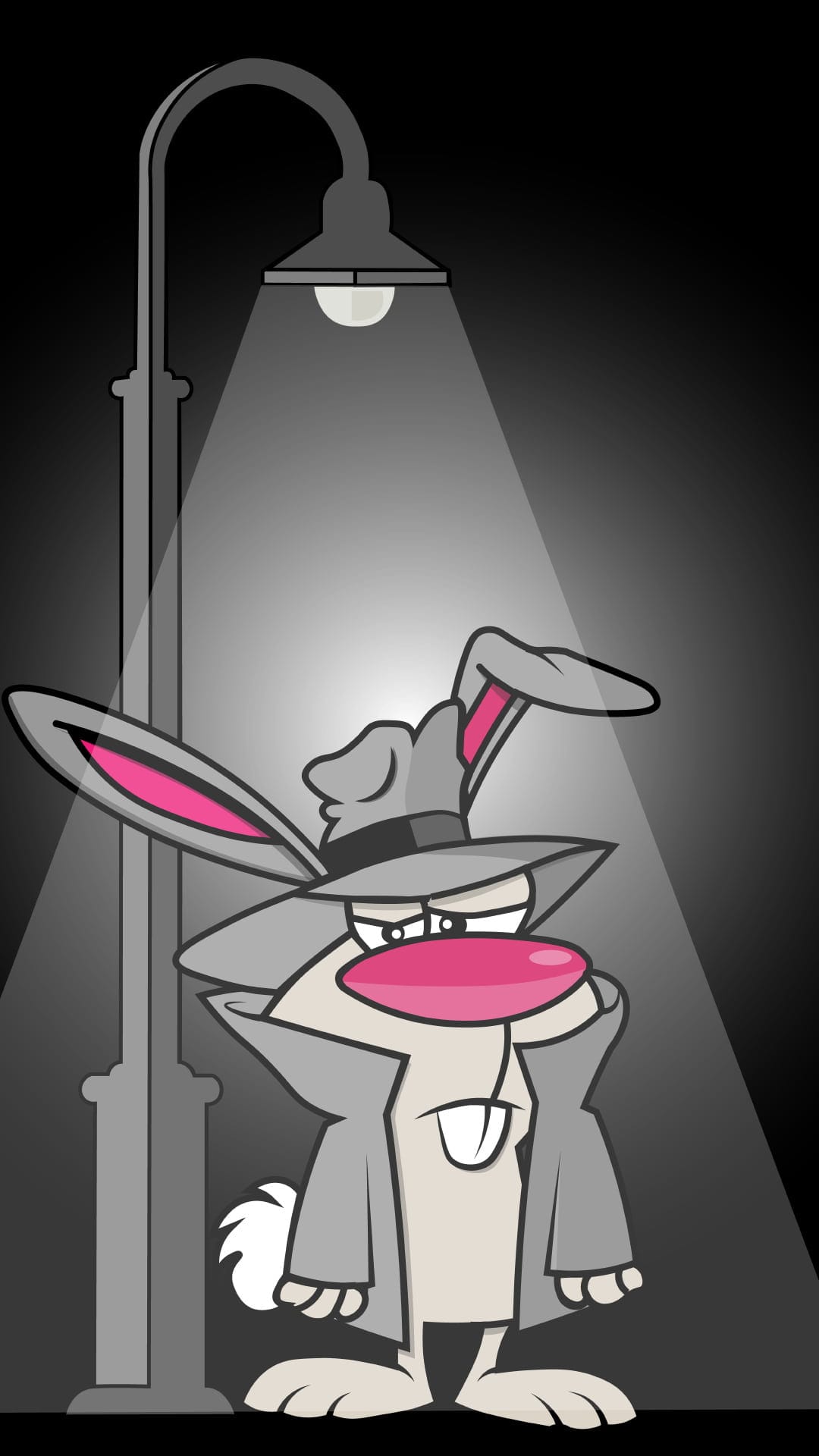 Rabbit detective wearing a trench coat and fedora stands in a circle of light from a lamp on a dark street.