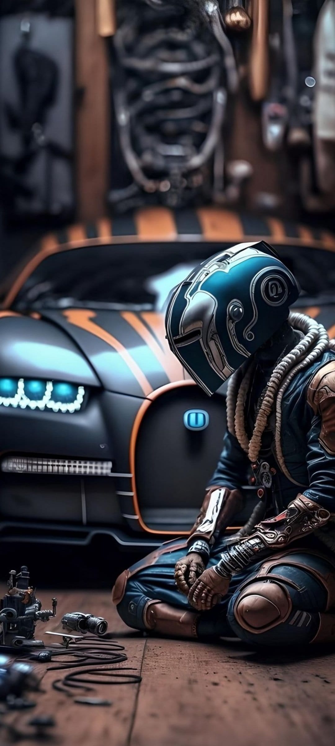 Racer in a metallic suit kneeling next to a black and orange Bugatti in a detailed steampunk garage workshop.