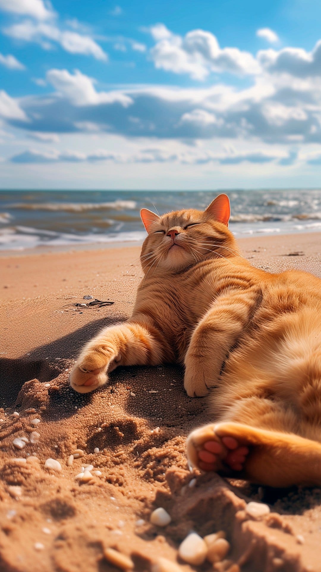 Orange tabby cat sleeping on golden sand with ocean waves and a bright blue sky in the blurred background.