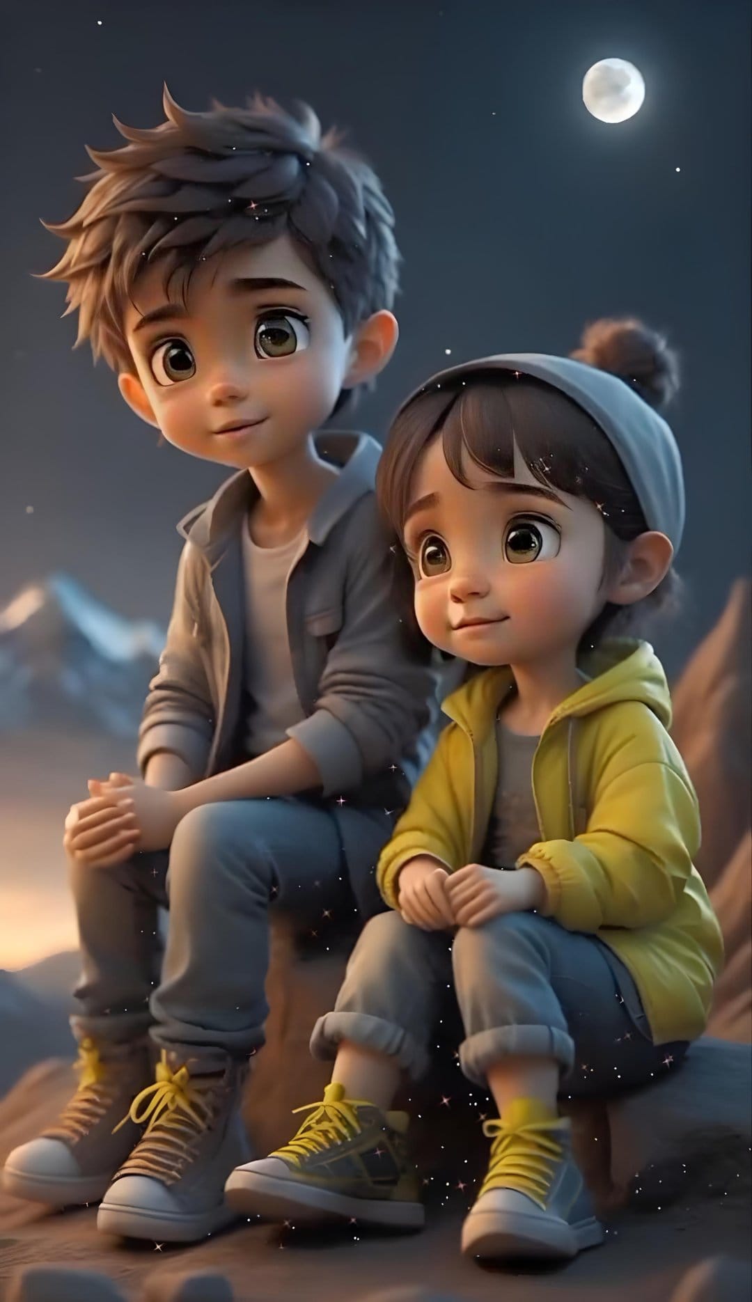 Two animated children sit on rocks watching a large full moon rise over snowy mountains in the starry night.