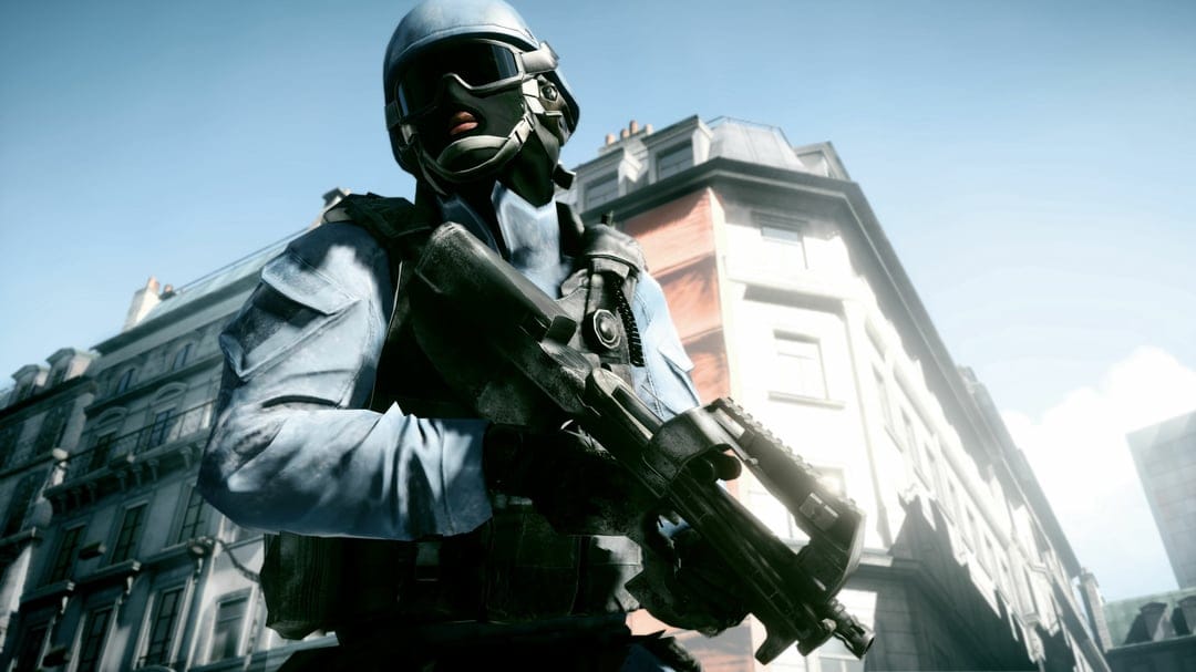 Tactical soldier in blue uniform holding a P90 submachine gun against a bright city skyline background.