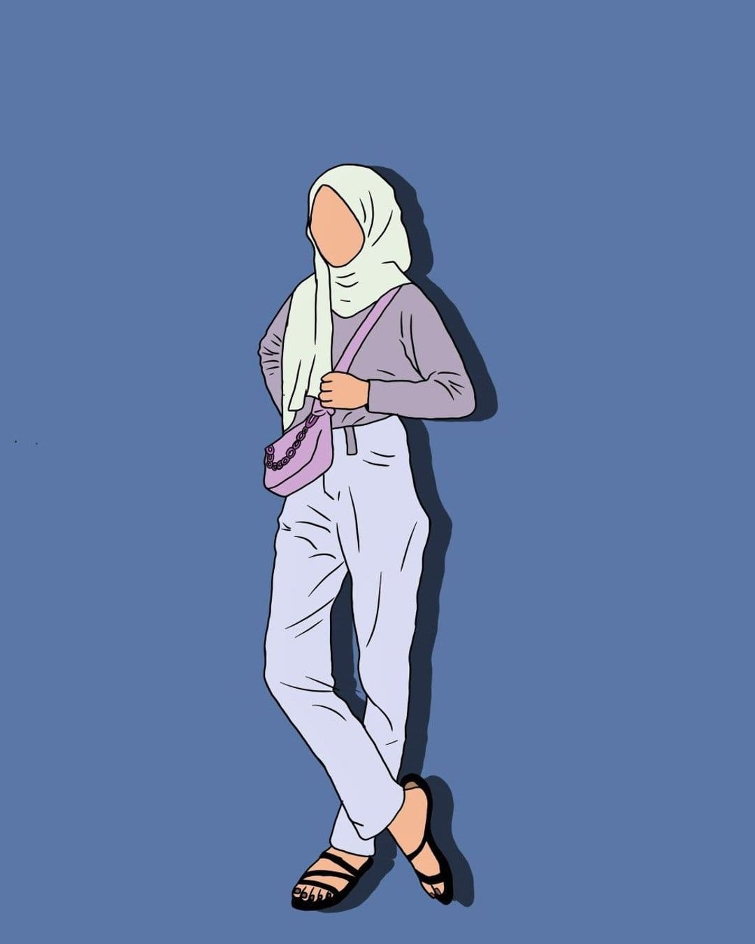 Muslim woman wearing a cream hijab and lavender clothing carries a pink bag against a solid blue background.