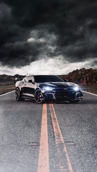 Dark Car, black, chevrolet, clouds, lights, road, smoke, sport, mobile wallpaper, android wallpaper, iPhone wallpaper, phone wallpaper