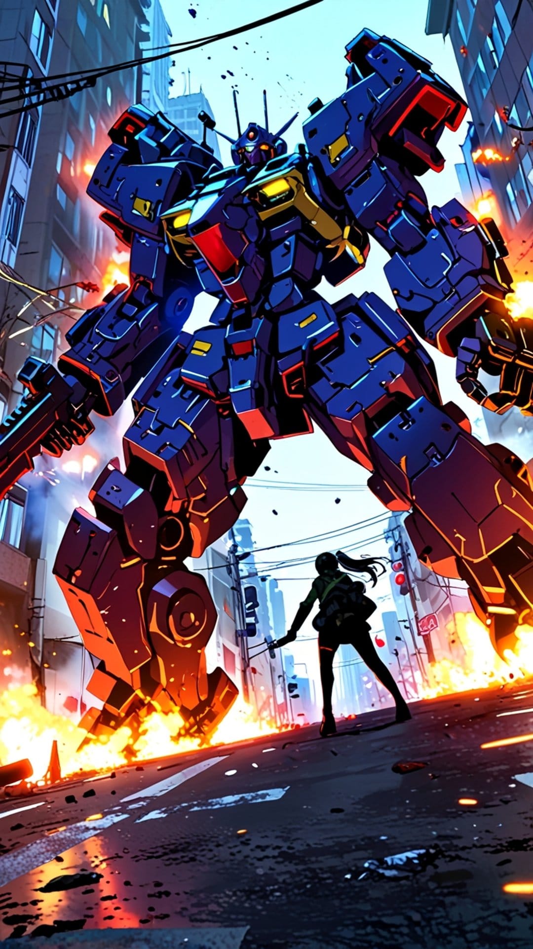 Giant blue mechanical robot faces a lone warrior in a burning city street filled with orange fire and smoke.