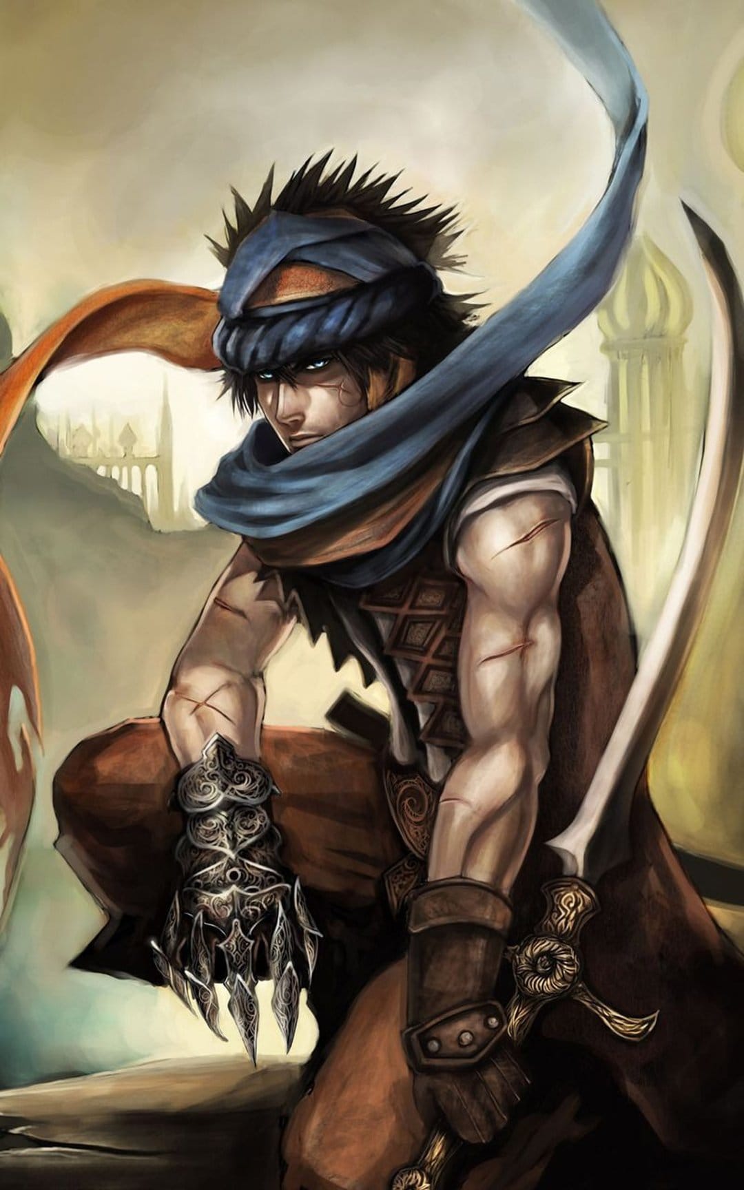 Scarred warrior crouching with a scimitar and dagger gauntlets in a stylized desert architectural setting.