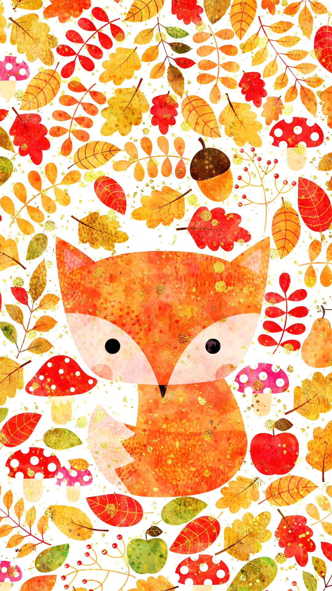 Red fox sitting among orange maple leaves, red polka-dot mushrooms, and acorns in a lush autumn forest scene.