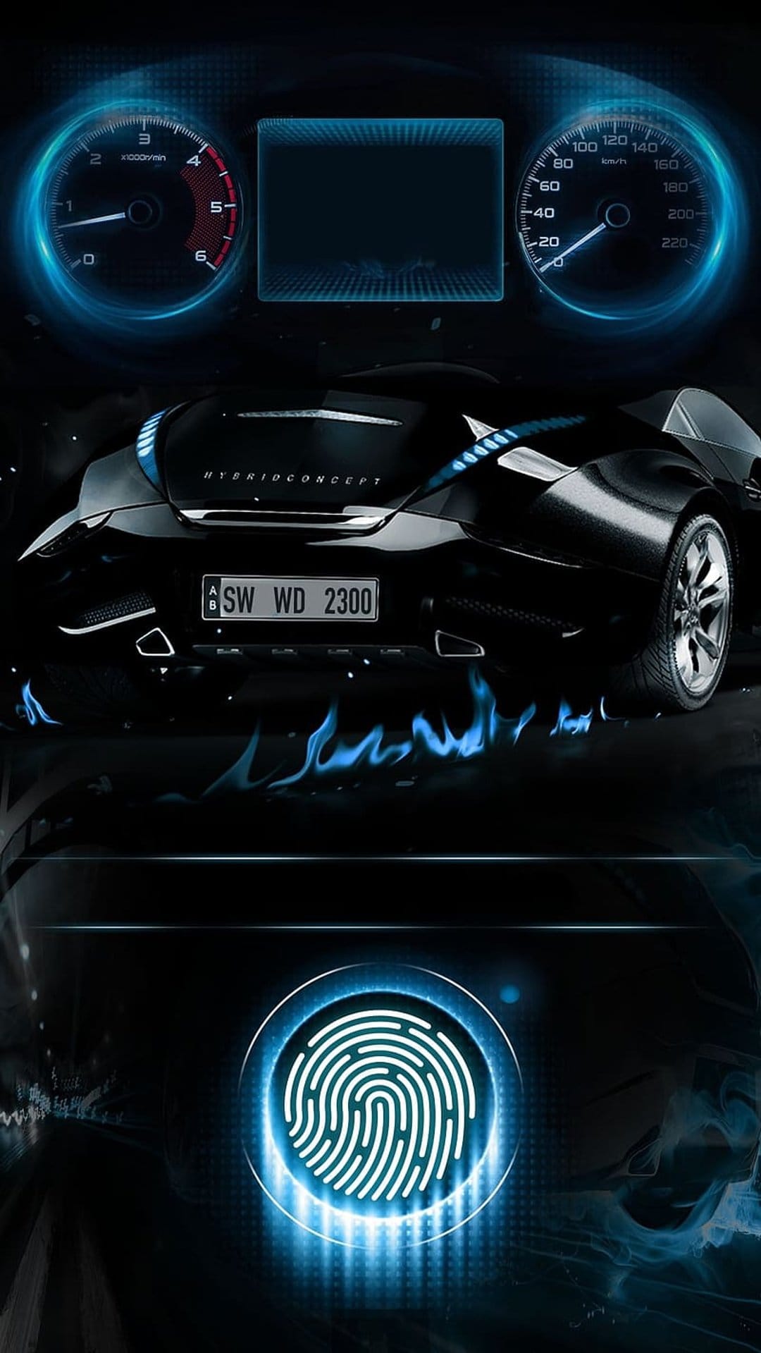 Luminous blue dashboard dials and a biometric fingerprint scanner glow beneath a sleek black hybrid concept car.