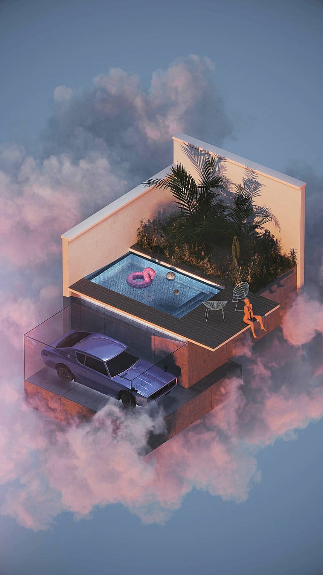 Turquoise rooftop pool and a purple car in a glass box float among soft pink and lavender pastel clouds.