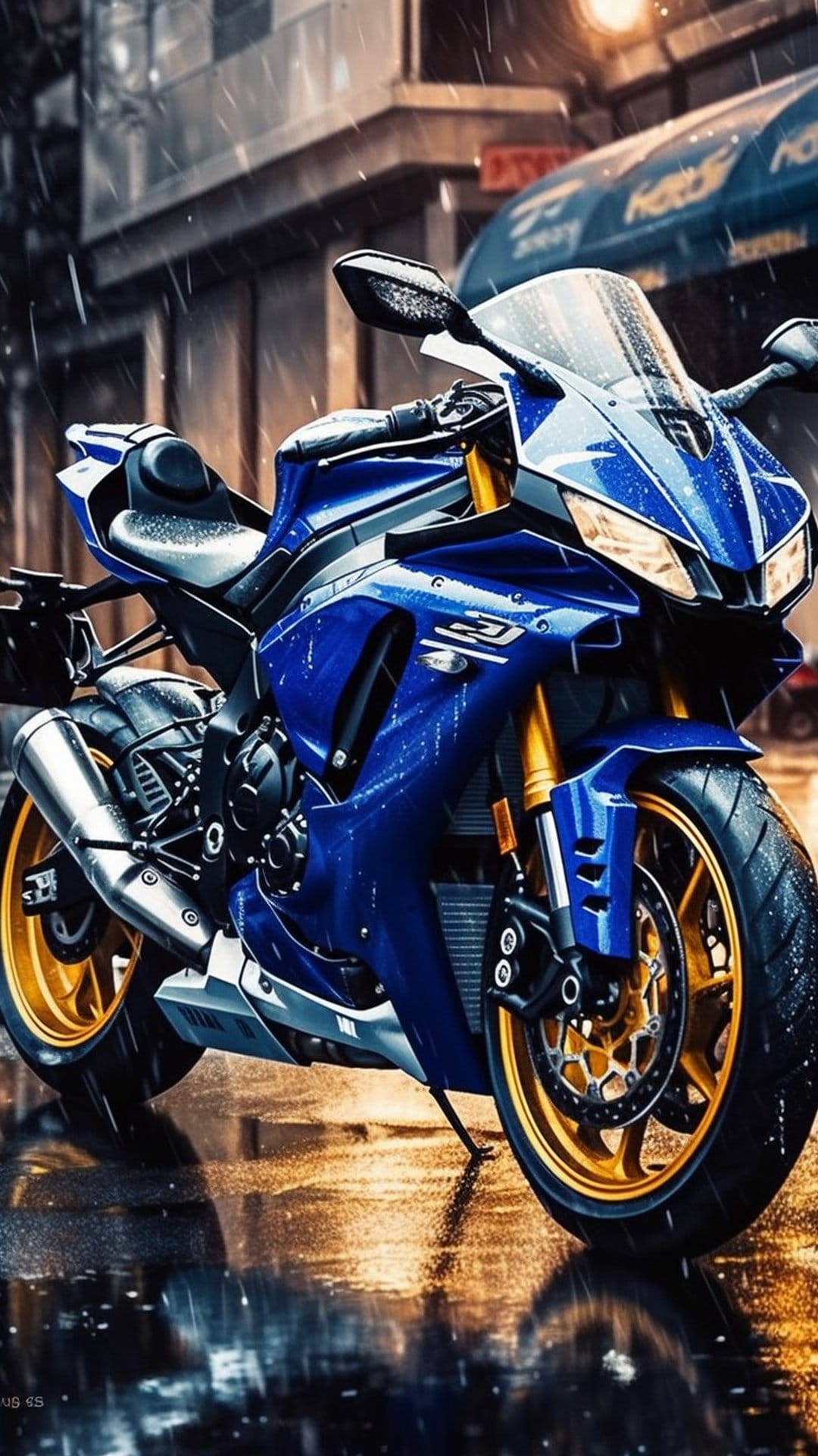 Blue sport motorcycle with gold wheels parked on a wet city street reflecting night lights and water droplets.
