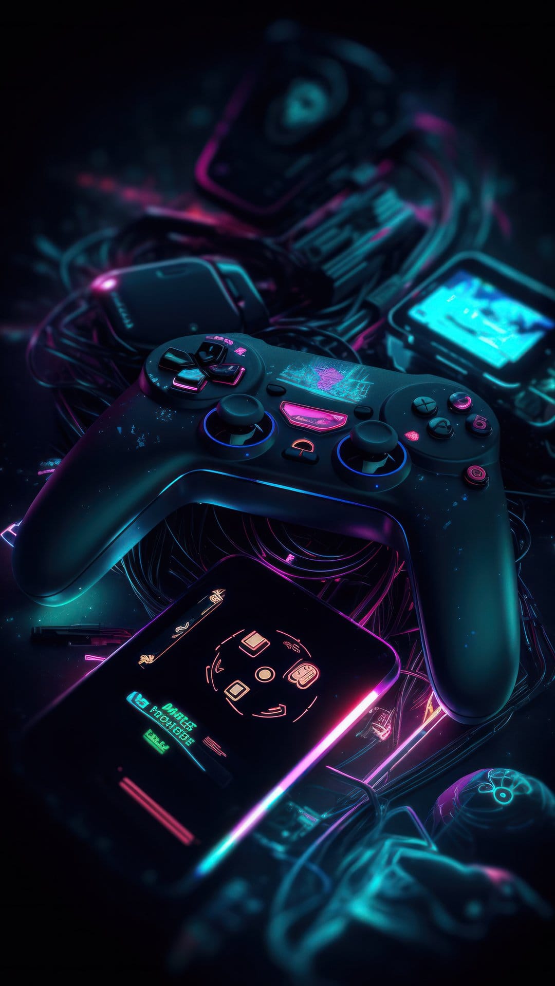 Matte black gaming controller with cyan LED accents rests next to a smartphone displaying glowing neon app icons.