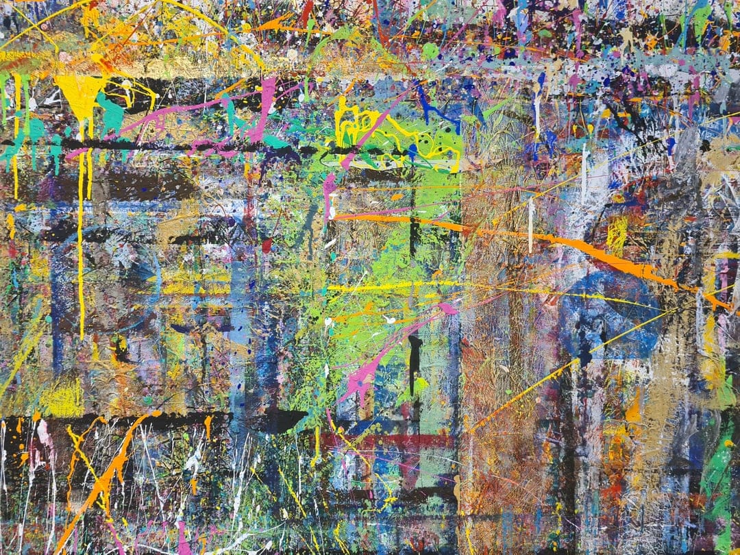 Yellow and blue paint drips cascade over a multi-colored textured surface with energetic splatters and layers.