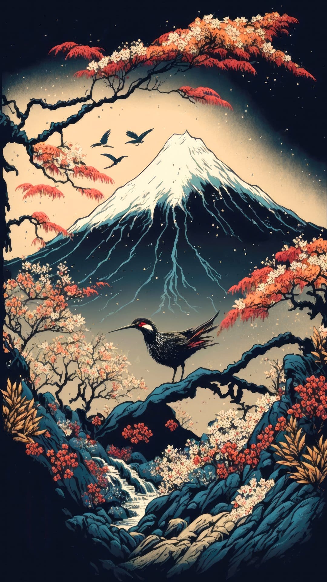 Mount Fuji rises behind red cherry blossoms and a perched bird under a starry sky beside a waterfall.