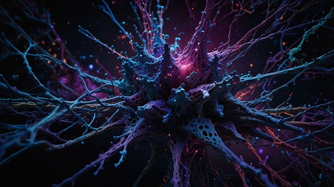 Luminous blue and pink neural fibers branching across a dark space with sparkling bokeh light particles.