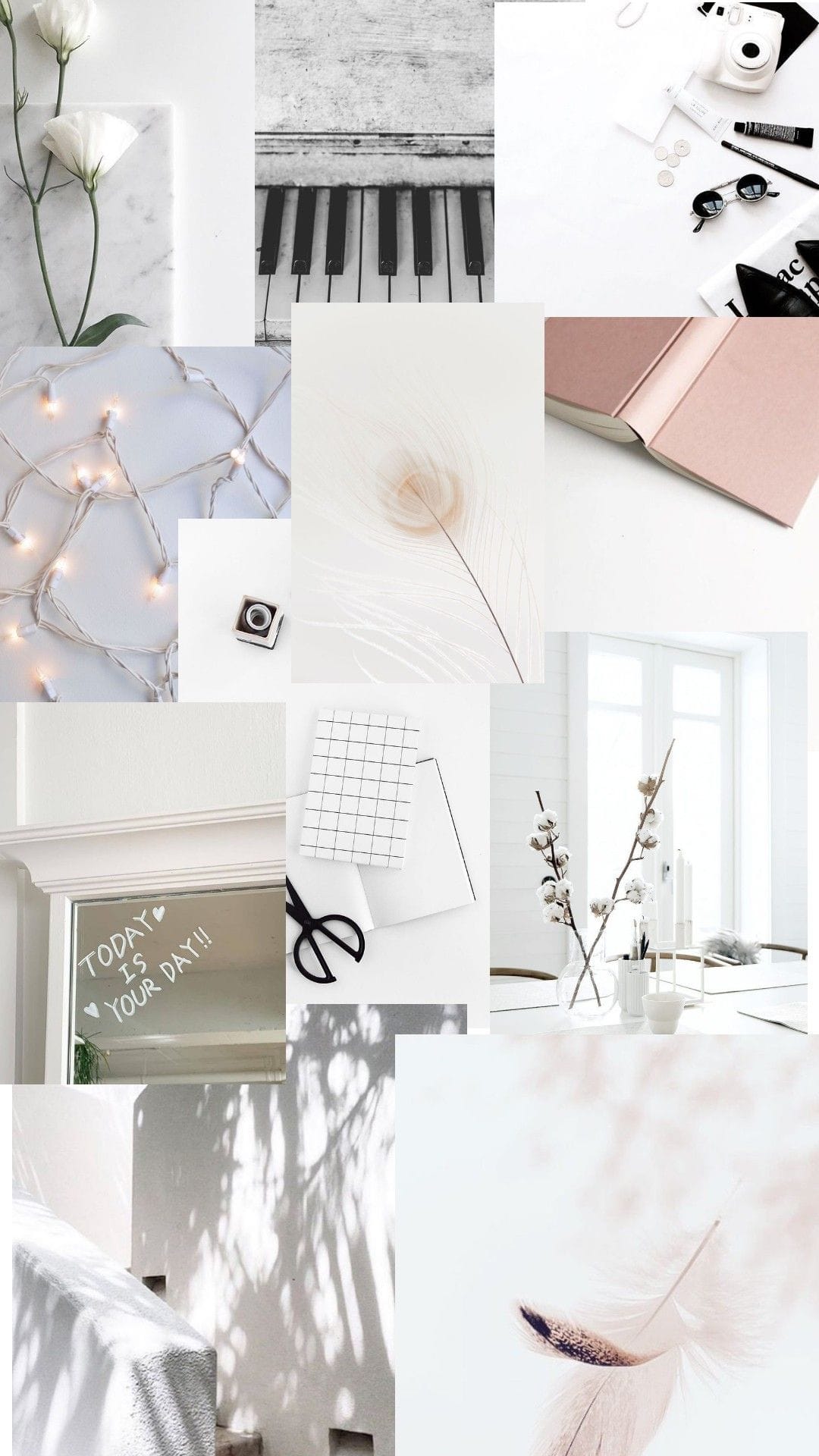 White flowers rest near a vintage piano keyboard and a pink notebook with glowing fairy lights in a collage.