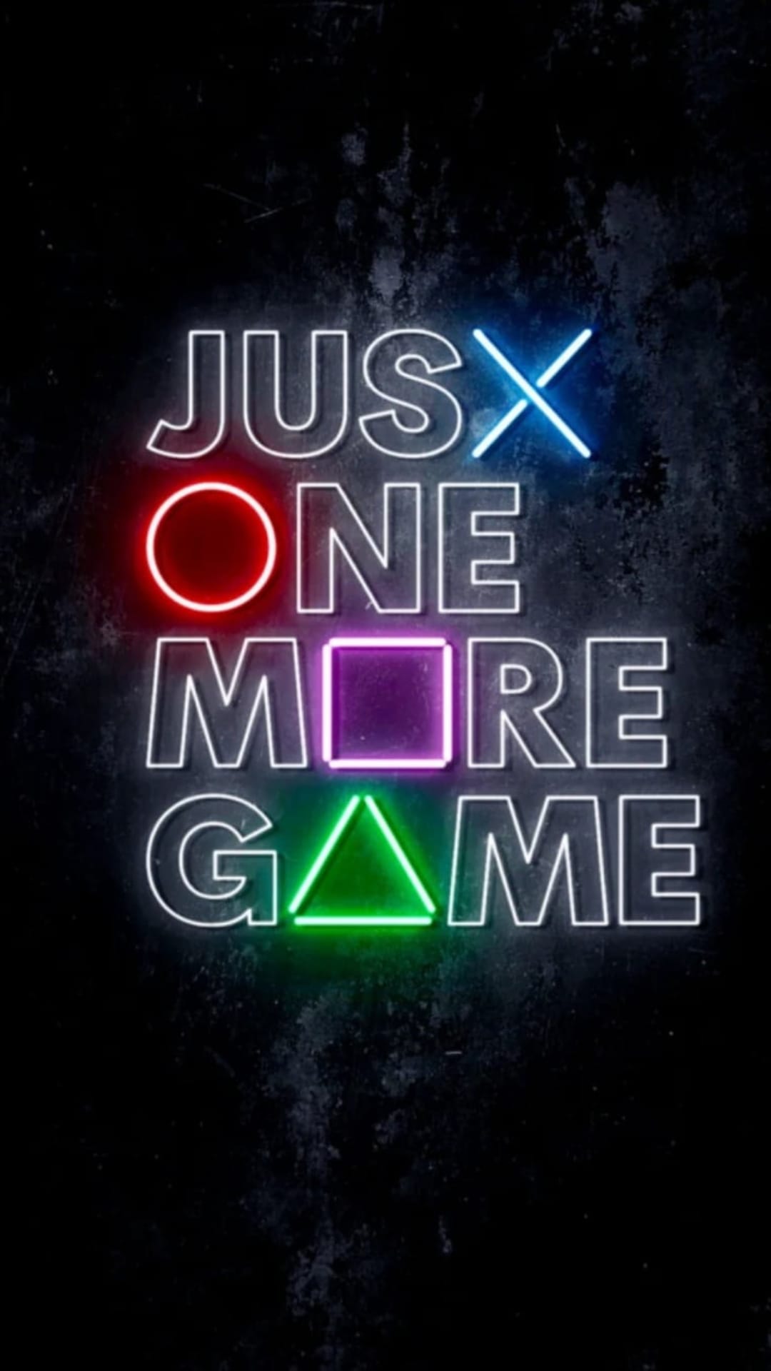 Neon PlayStation icons and text saying Just One More Game glow with pink and blue light on a black background.