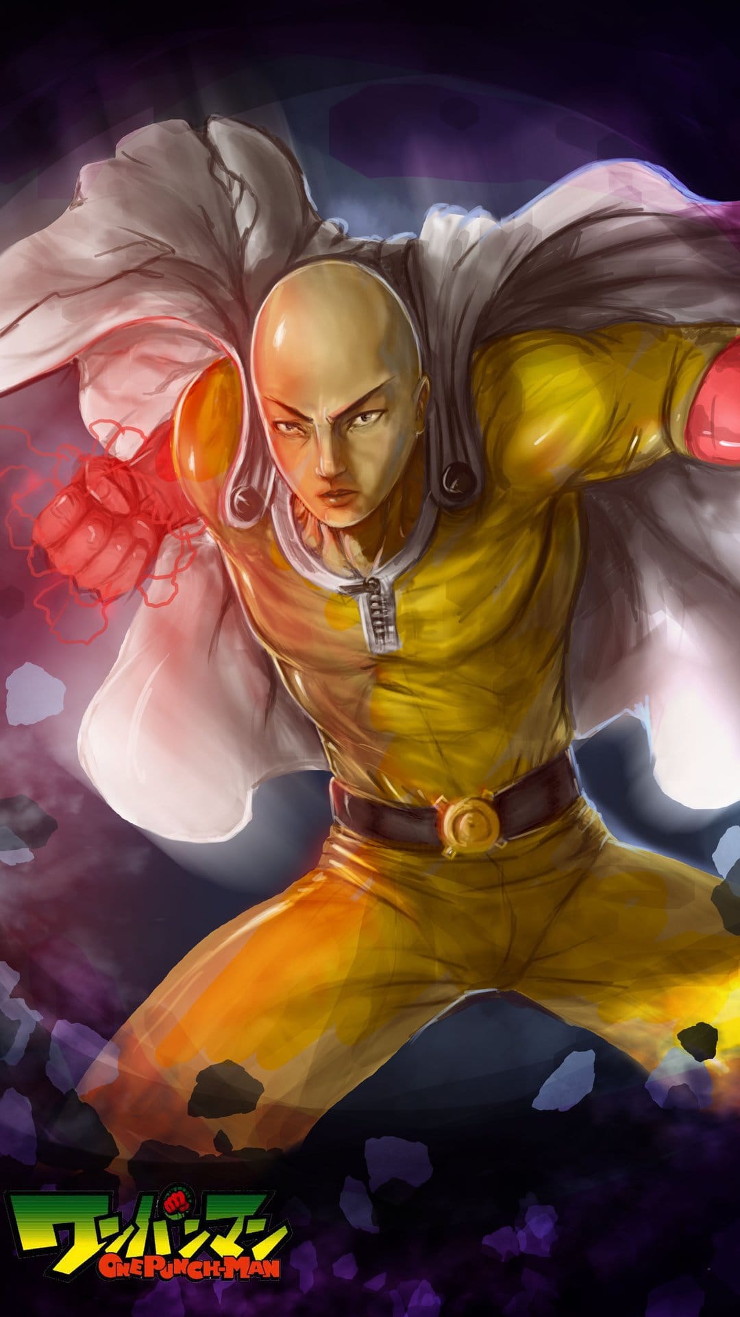 Saitama in a yellow hero suit punches with a glowing red fist amidst shattering stone and dark crimson lighting.