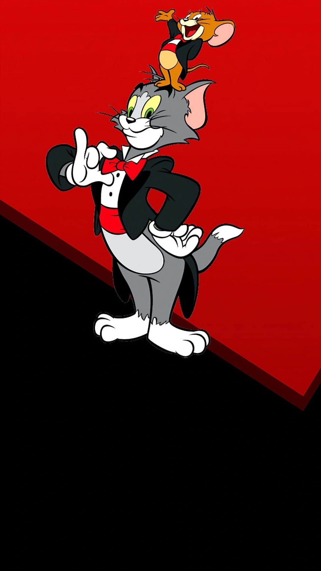 Tom the cat and Jerry the mouse wear black tuxedos and red bow ties against a red and black split background.