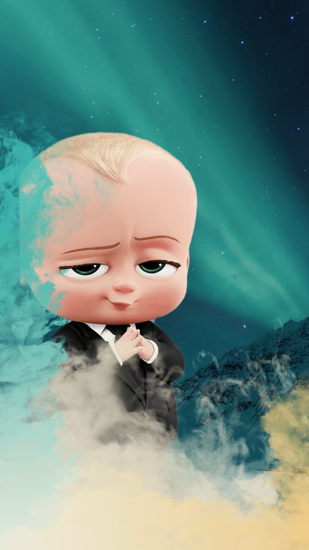 Boss Baby in a black suit poses before a glowing teal aurora borealis and starry night sky with wispy clouds.