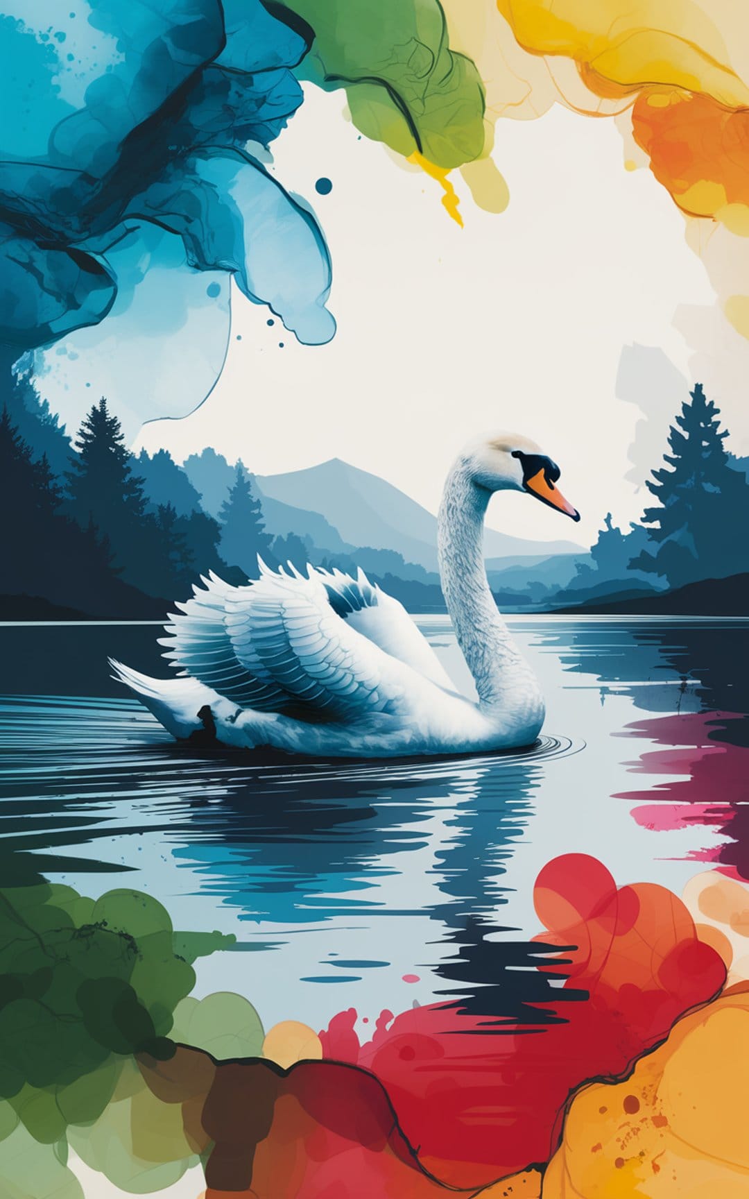 White swan floating on a lake with abstract watercolor mountain peaks and multi-colored paint splatters.