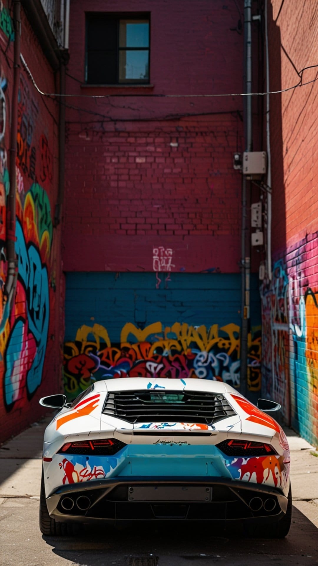 White Lamborghini with colorful graffiti parked in a narrow alleyway surrounded by vibrant street art murals.
