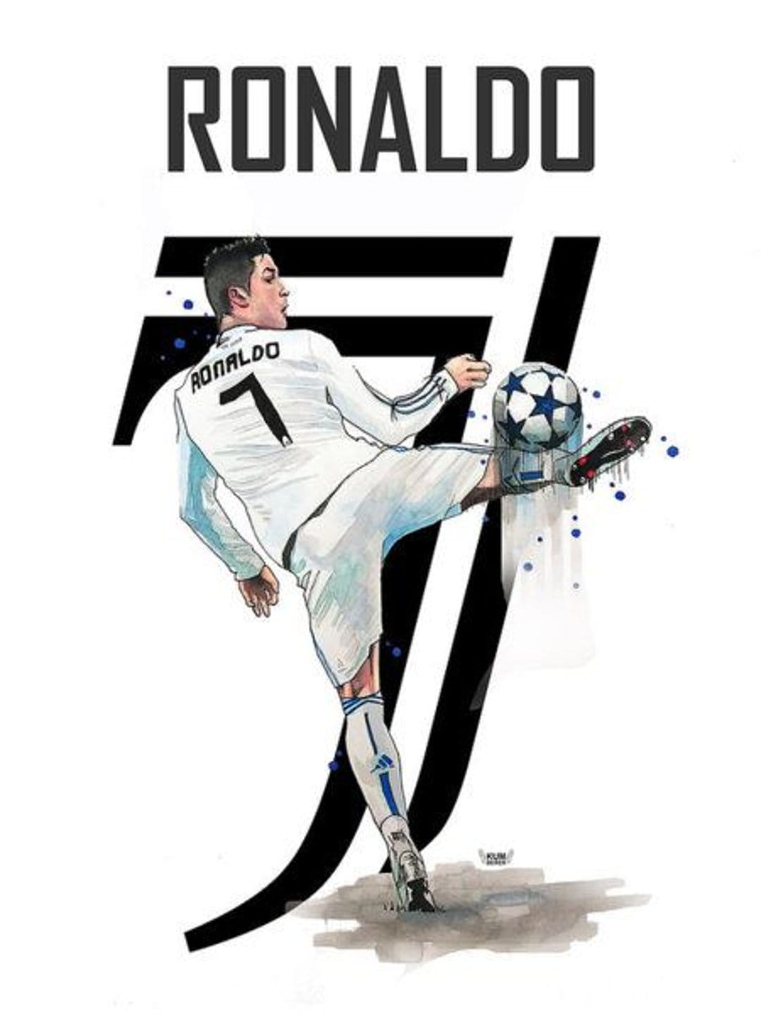 Cristiano Ronaldo in a white kit leaps to control a soccer ball against a white backdrop with black number 7 text.