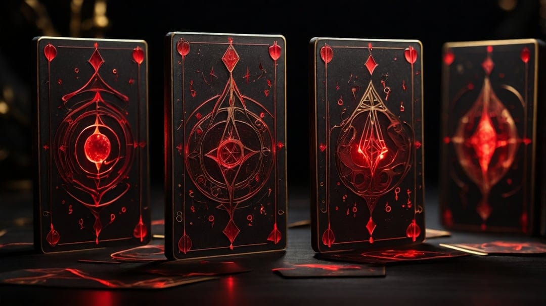 Four tarot cards with glowing red symbols stand on a dark surface amidst scattered cards and a blurred background.