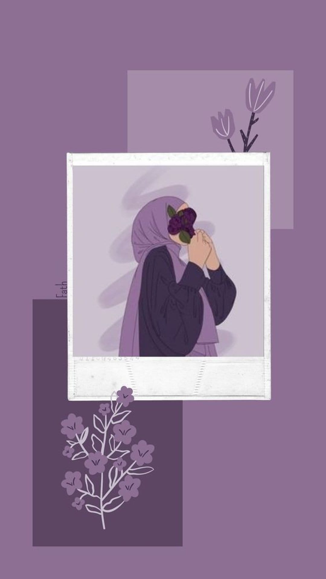 Hijabi woman holding a dark purple flower to her face within a white polaroid frame with floral borders.