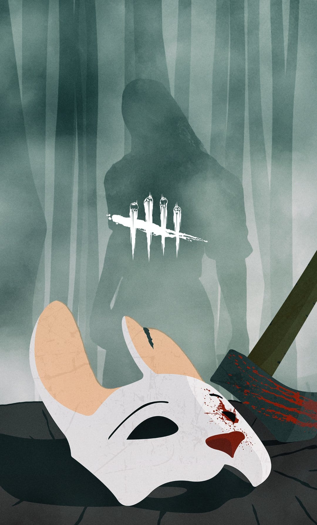 The Huntress rabbit mask and bloody axe lie in the foreground of a foggy forest with a dark killer silhouette.