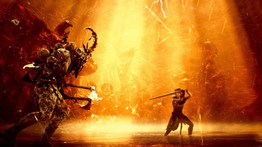 Female warrior facing a giant horned monster in a fiery golden arena filled with glowing sparks and light.