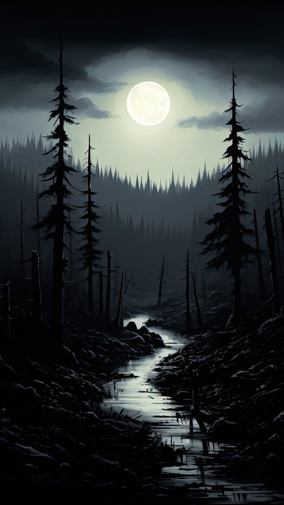 Luminous full moon hangs over a winding forest river surrounded by dark pine tree silhouettes in a night landscape.