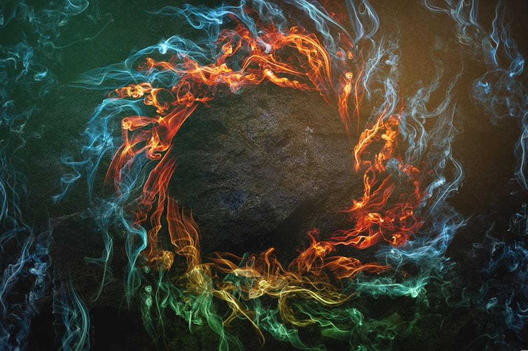 Swirling orange and blue smoke clouds rotate around a dark central vortex with detailed wispy textures.