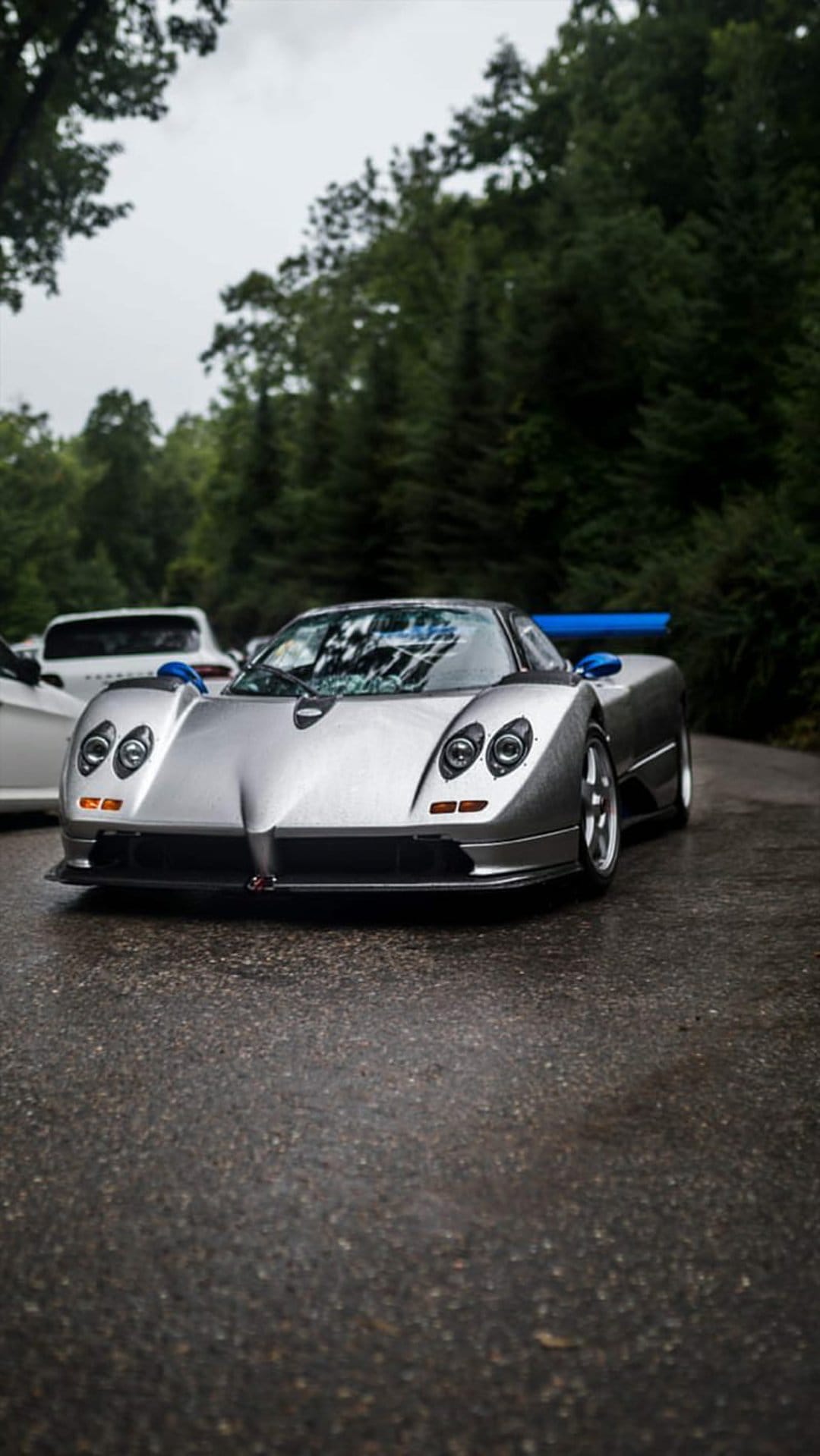 Silver Pagani Zonda F with a blue rear wing parked on wet asphalt with lush green trees in the background.