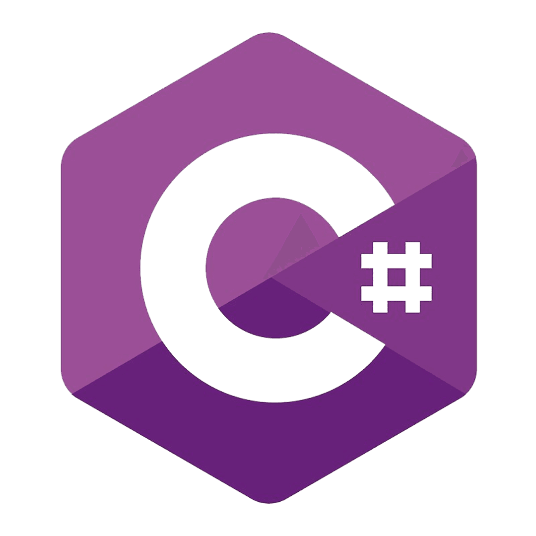 C# programming language logo featuring a white symbol inside a purple hexagonal shape with a subtle gradient.