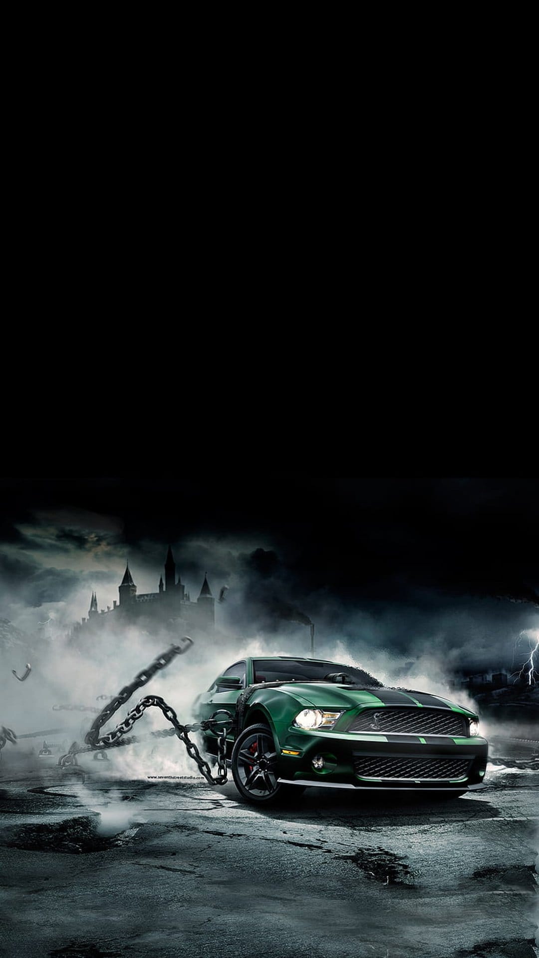 Green Mustang with black stripes is bound by chains on a foggy road under a lightning-filled gothic castle sky.