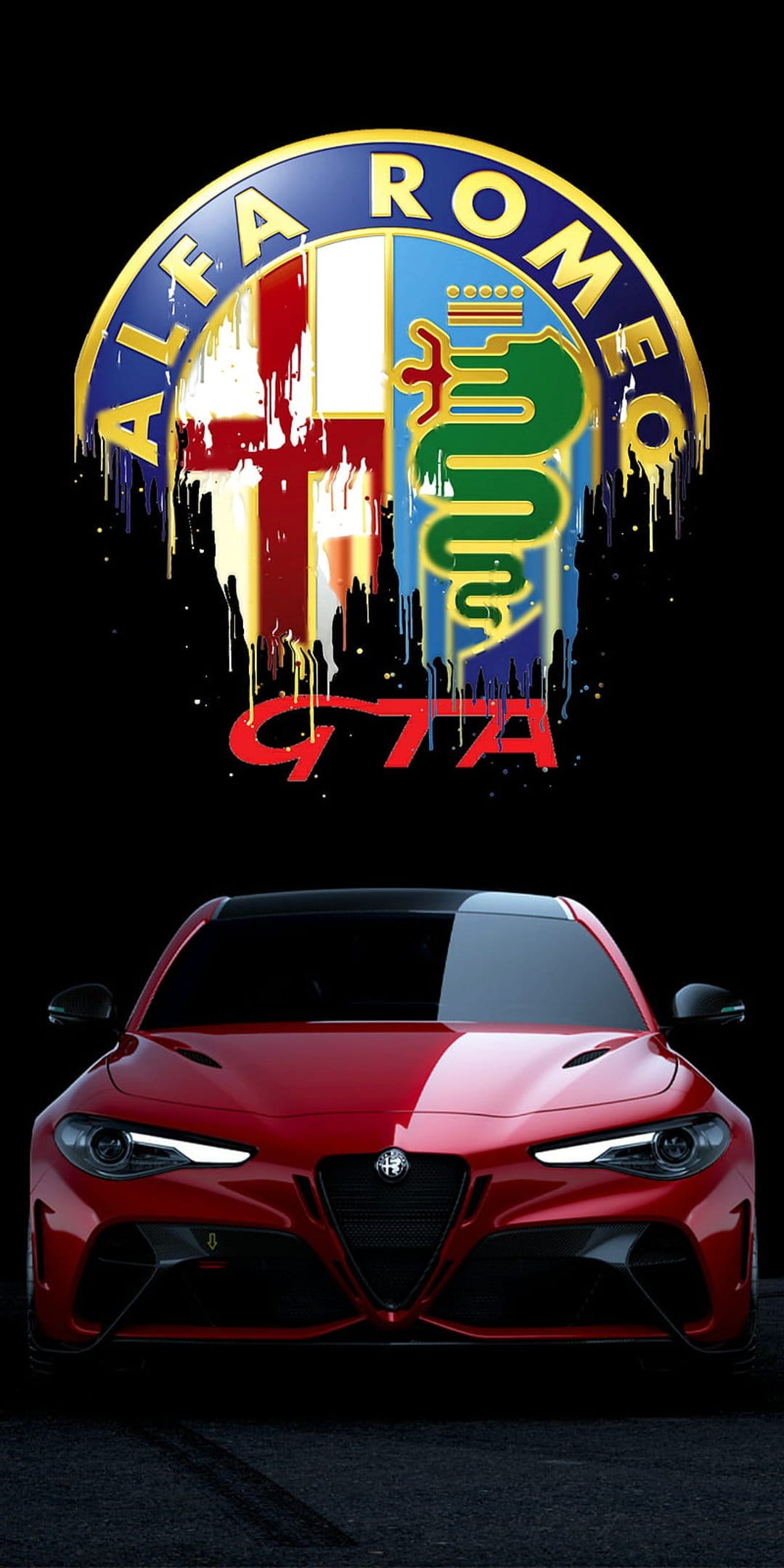 Red Alfa Romeo GTA sports car sits beneath a stylized dripping brand emblem on a deep black background.