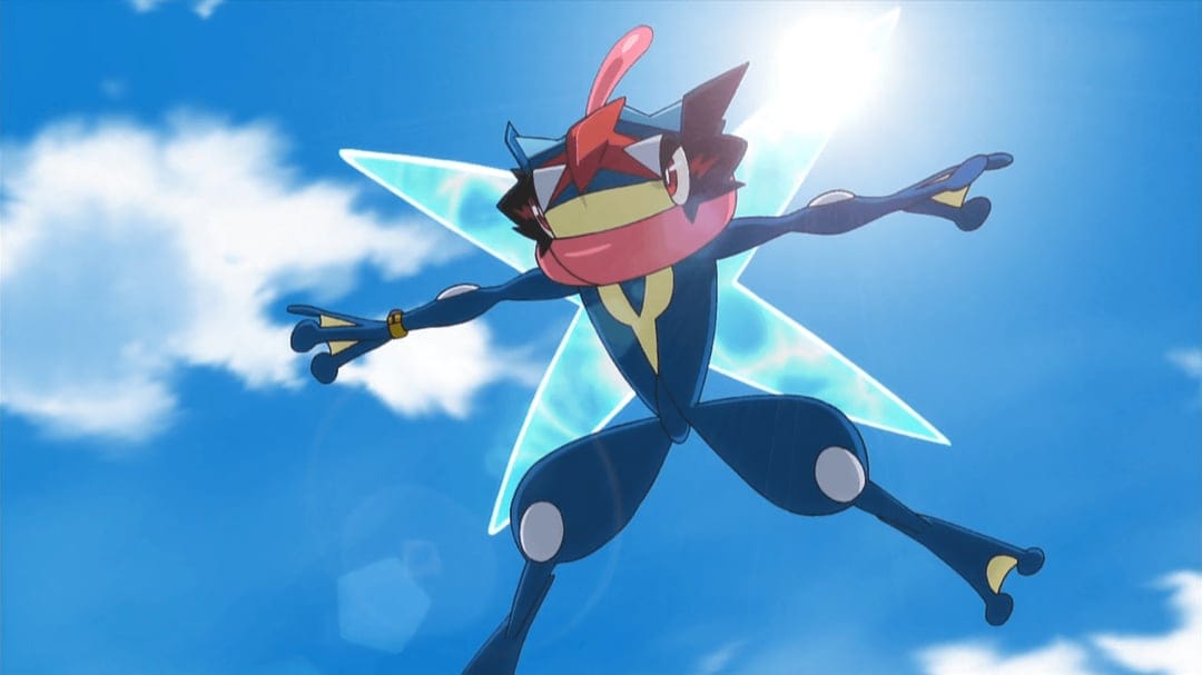 Ash-Greninja with a glowing blue energy shuriken jumps against a bright sunny sky with white clouds.