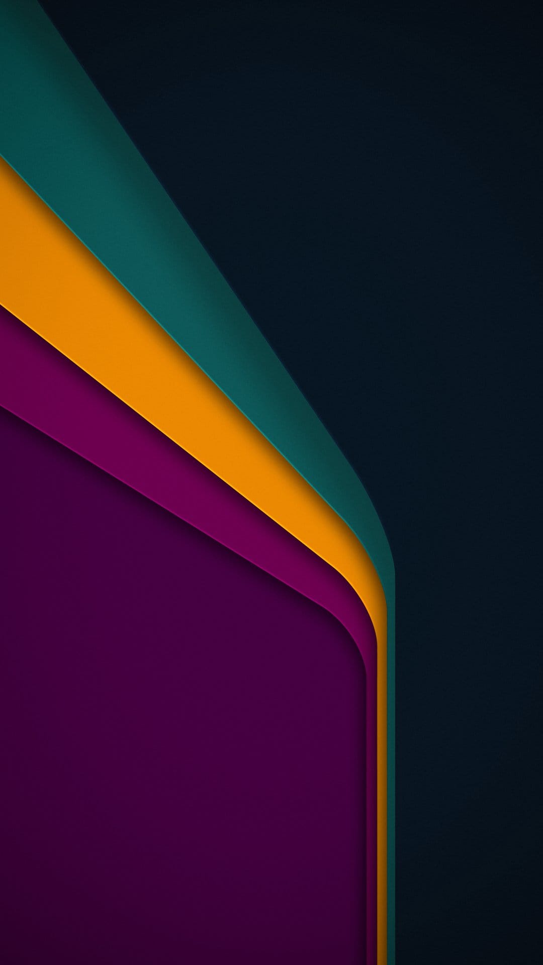 Overlapping teal, orange, and purple curved ribbons create a sense of three-dimensional depth on a dark background.
