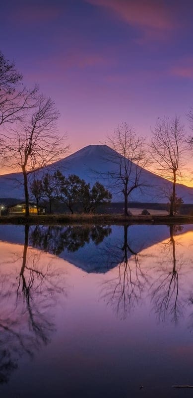 Mount Fuji, Japan, nature, landscape, peaceful, serene, tranquil, beautiful, outdoor, reflections, lake, sunset, sunrise, sky, colorful, purple, pink, orange, trees, majestic, iconic, serene scene