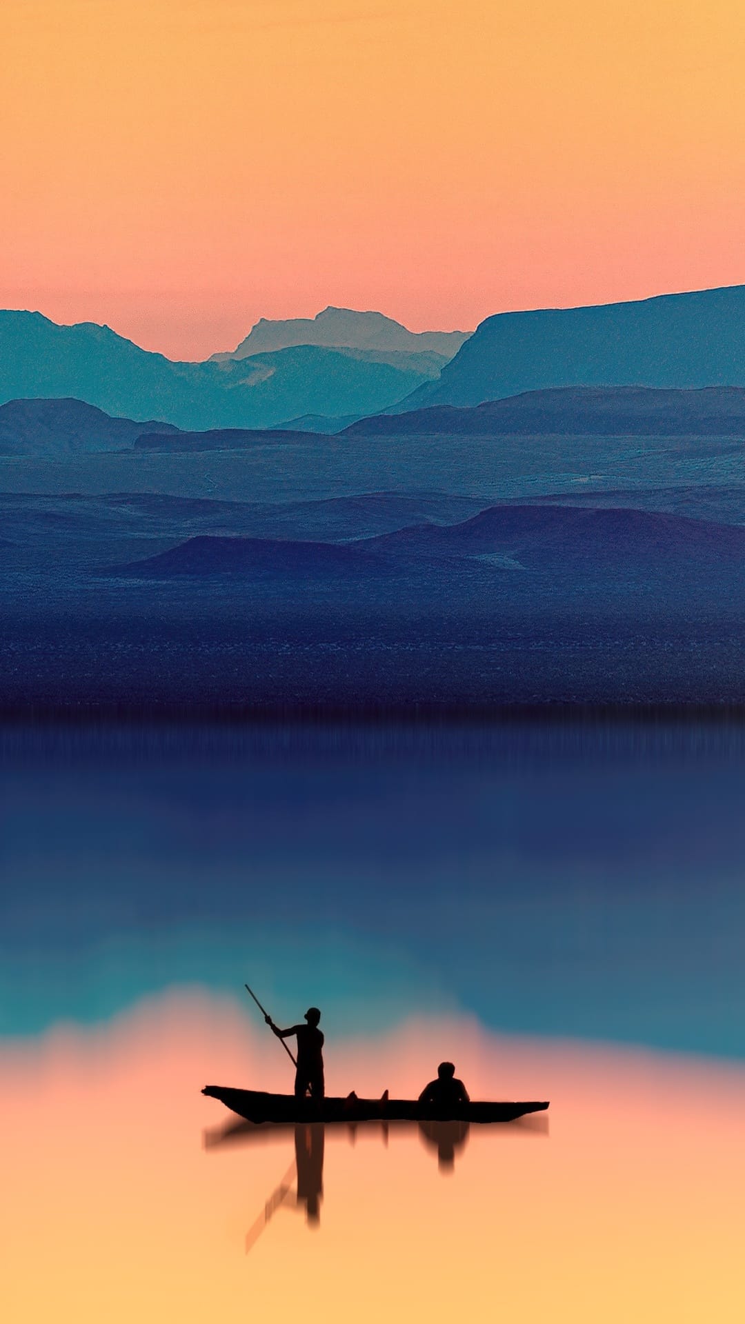 Two people rowing a boat silhouetted against a pastel sunset over calm water and distant mountain peaks.