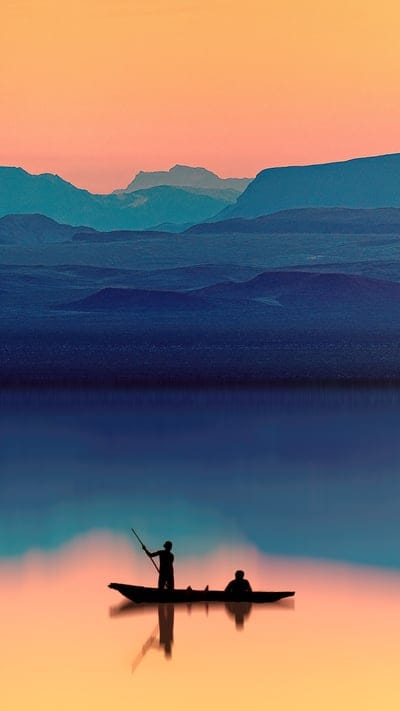 Boat, silhouette, lake, water, dusk, sunset, peaceful, tranquil, mountains, reflection, paddling, figures, serene, landscape, nature, outdoors, calm, evening, horizon, silhouette boat