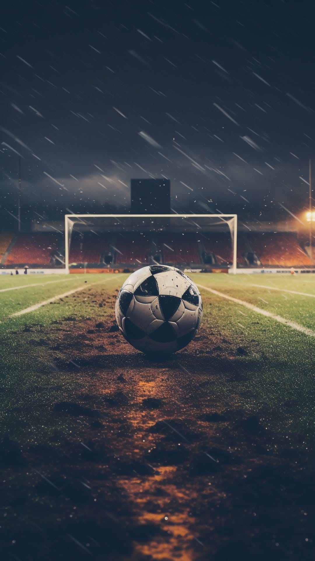 Soccer ball on a wet field before a goal net during a night rainstorm with glowing orange stadium lights.
