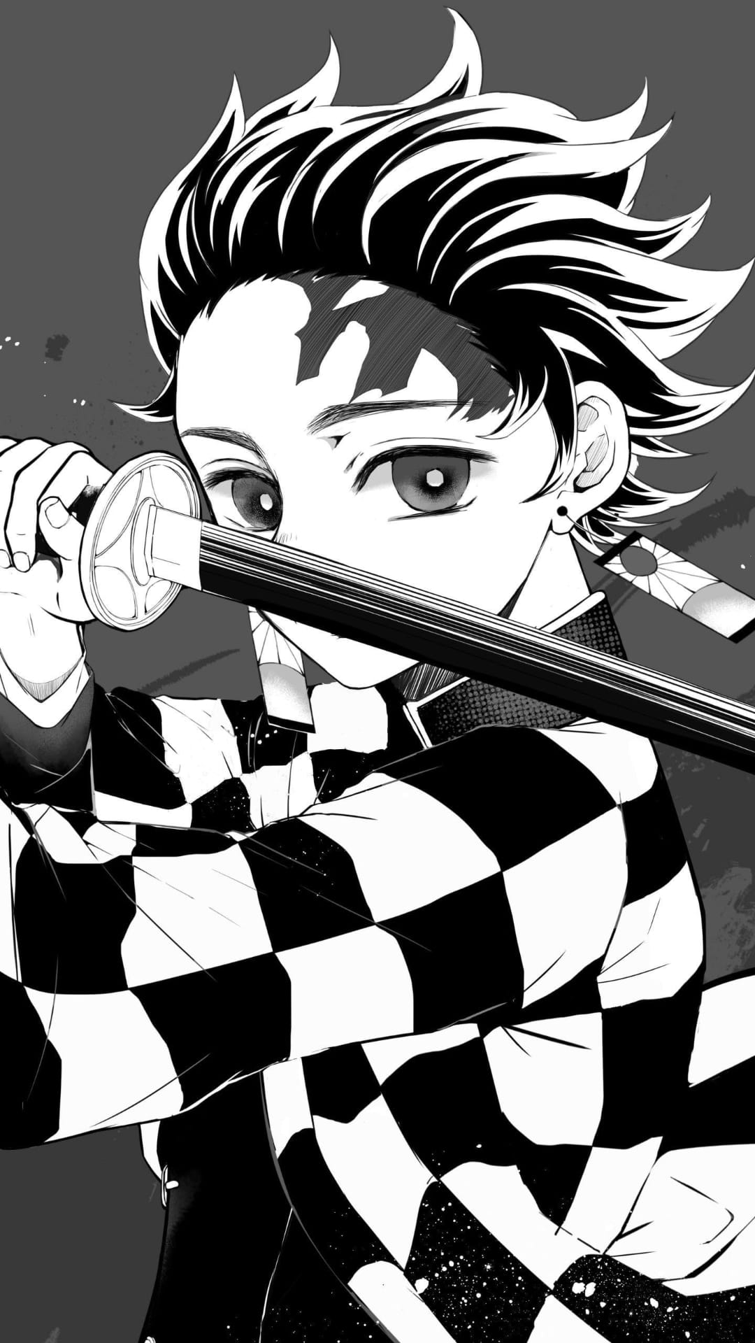 Anime boy with spiky hair and a checkered uniform holds a katana with a focused, intense facial expression.